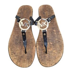 Michael Kors Women's 11 Black Thong Sandals Cork Footbed Gold MK Logo Medallion